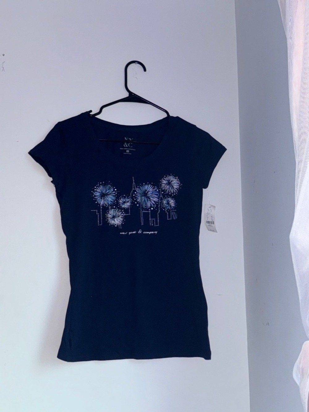 New York & Company Navy Tee with Metallic Firework Design